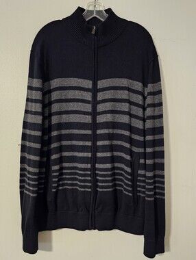 Kenneth Cole Reaction Mens 2XL Zip Black/Gray Horizontal Stripe Cardigan Sweater